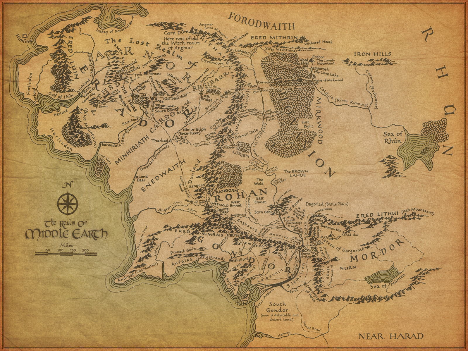 Mapa ilustrado de la Tierra Media señalado las locaciones con Mordor a la derecha hasta abajo, Rohan en medio, Gondor abajo y la comarca arriba a la izquierda