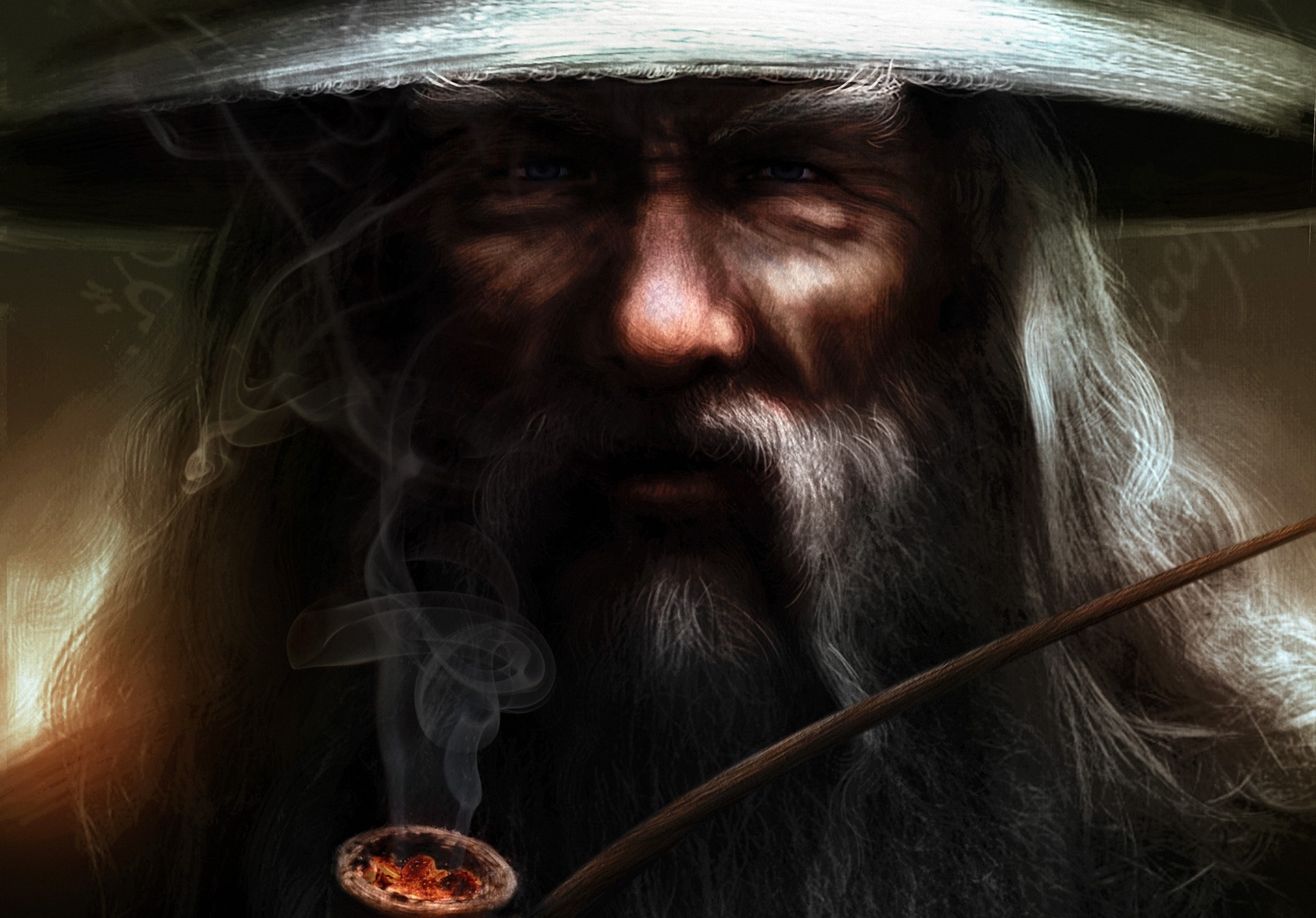 Gandalf sosteniendo una pipa humeante