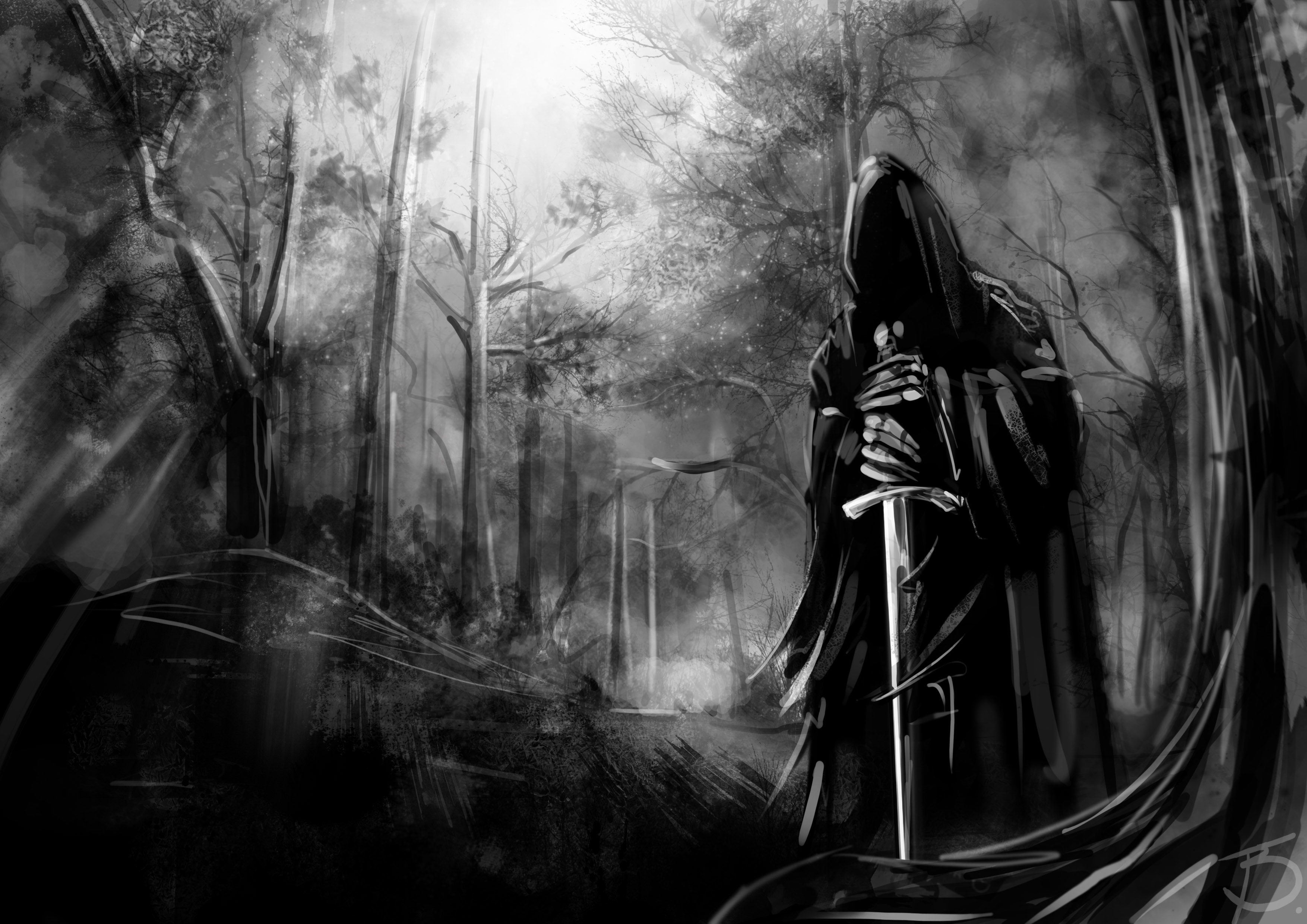 Nazgul en blanco y negro en un bosque sosteniendo una espada