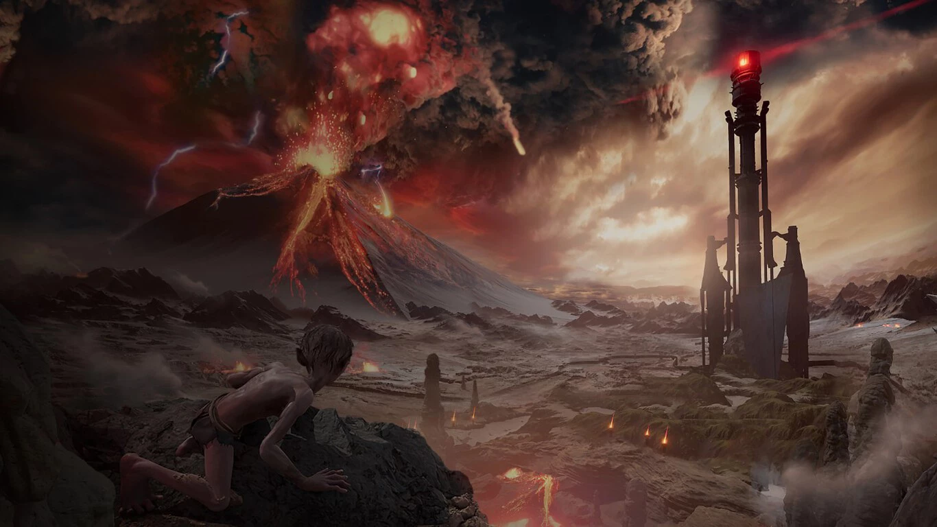Gollum a lo lejos de la torre de Saurón en Mordor y Mount Doom erupcionando